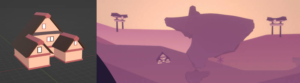 A minimalist 3D house model shown next to its in-game render.