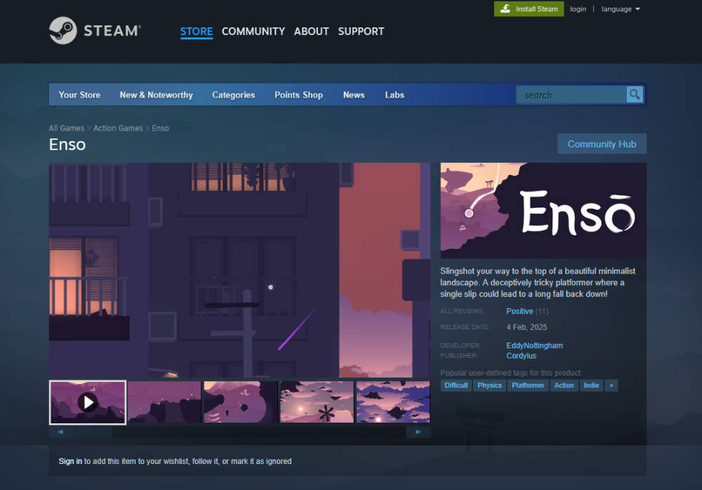 Screenshot of Enso&rsquo;s Steam page.