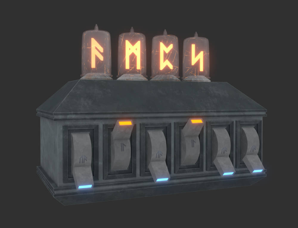 Screenshot of a mini-game that looks like a strange machine covered in glowing runes.