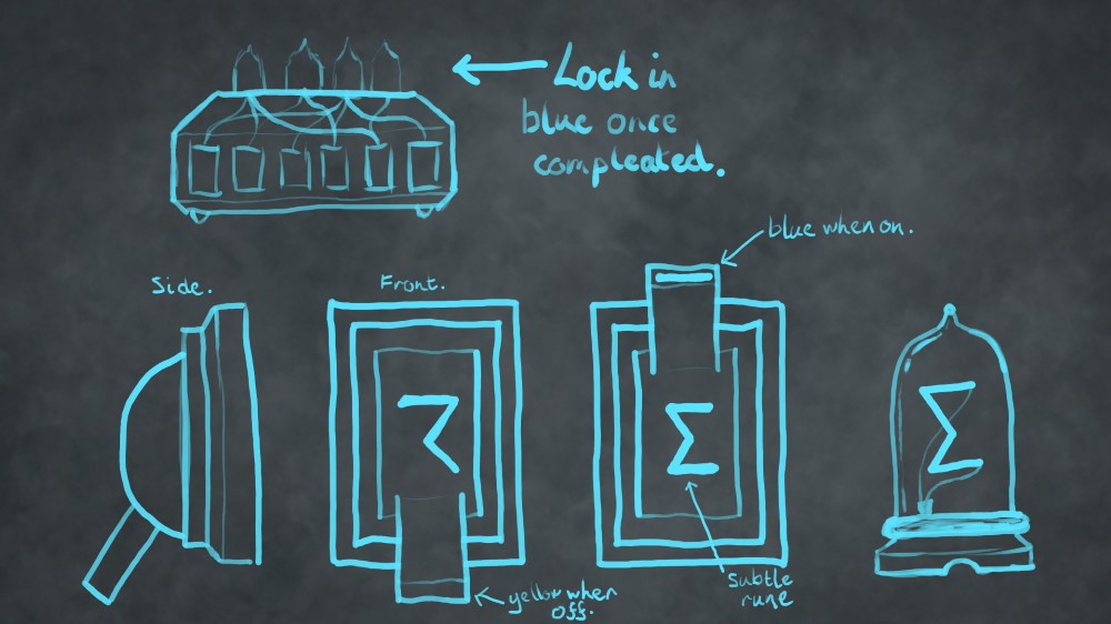 Screenshot of a mini-game that looks like a strange machine covered in glowing runes.